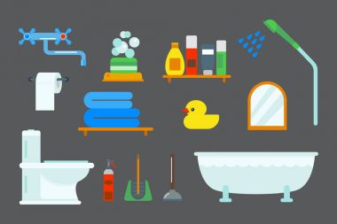 Banyo ekipmanları simgeler düz stil renkli klip sanat illüstrasyon banyo hijyen vektör tasarımı için duş.