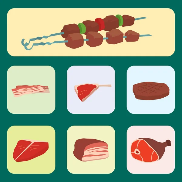 Húsipari termékek csoportja, rajzfilm, ízletes barbecue kebab különféle ínyenc étkezési és animal választék szelet bárány főtt vektoros illusztráció — Stock Vector