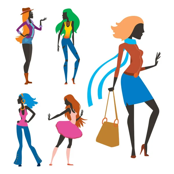 Fashion look fille silhouette belle fille femme femelle et jolie, jeune, modèle, style, cheveux, dame caractère glamour mignon vecteur illustration . — Image vectorielle