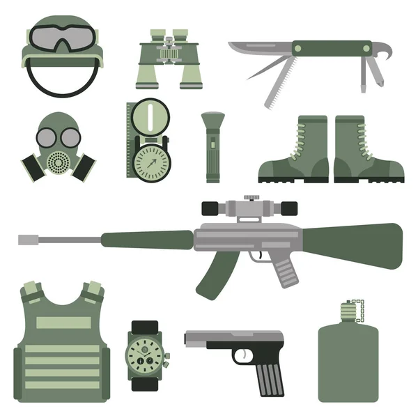 Militär Waffen Waffen Symbole Rüstung Streitkräfte Design und amerikanische Kampfflugzeug Munition Navy Tarnung Zeichen Vektor Illustration. — Stockvektor