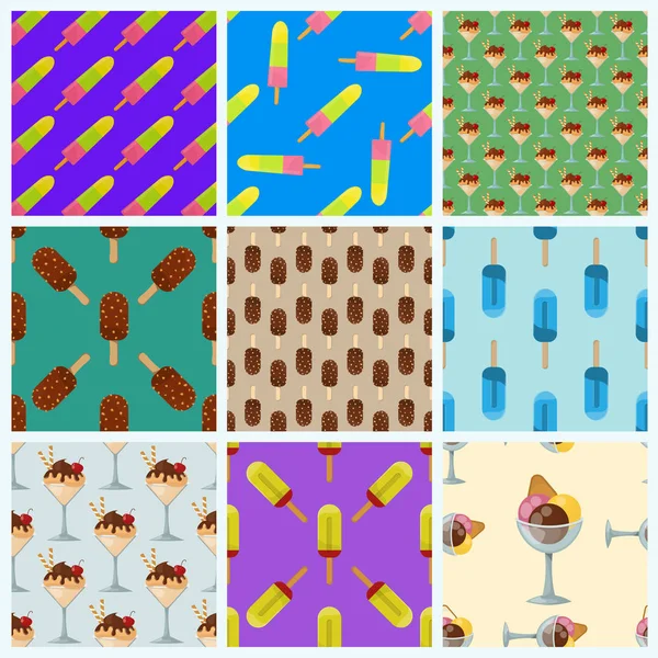 Set ice cream seamless pattern background cartoon colorful dessert vector illustration sweet icon cone fruit frown candy collection - Stok Vektor
