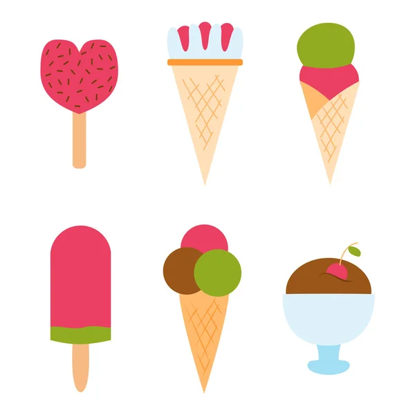 Набір льоду мультфільм барвистий вершковий десерт Векторні ілюстрації шоколадна їжа солодка холодна ізольована ікона закуска конус смачні фрукти заморожені цукерки колекція — стоковий вектор