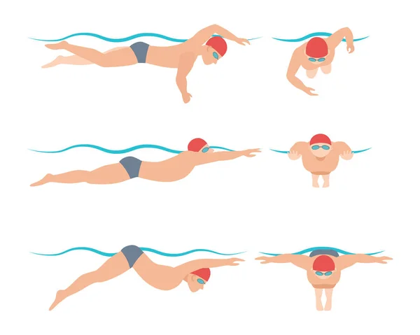 Ilustração vetorial do esquema de estilo de natação diferentes nadadores homem e mulher no exercício esportivo na piscina . —  Vetores de Stock