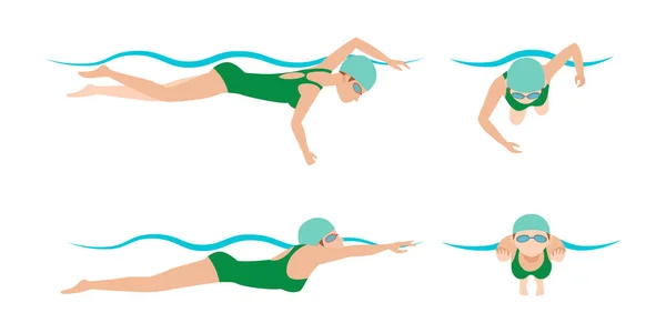 Ilustración vectorial del esquema de estilo de natación diferentes nadadores hombre y mujer en el ejercicio deportivo de la piscina . — Vector de stock