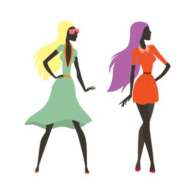 Bak kız moda siluet güzel kadın ve güzel, genç kız, model, Stil, saç, Bayan karakter glamour sevimli vektör çizim.