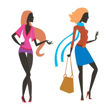 Bak kız moda siluet güzel kadın ve güzel, genç kız, model, Stil, saç, Bayan karakter glamour sevimli vektör çizim.