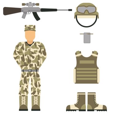 Askeri karakter silah silah sembolleri zırh adam set Kuvvetleri tasarımı ve Amerikan savaş mühimmat Donanma kamuflaj işareti illüstrasyon vektör.