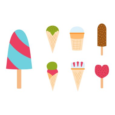 Çikolata gıda tatlı soğuk izole simgesi aperatif koni lezzetli meyve şeker toplama donmuş buz karikatür renkli krem tatlı vektör çizim ayarla