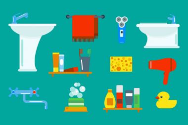 Banyo ekipmanları simgeler düz stil renkli klip sanat illüstrasyon banyo hijyen vektör tasarımı için duş.