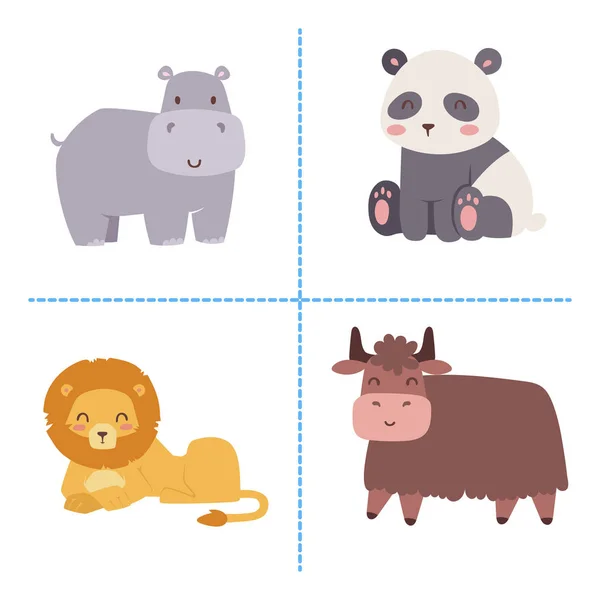 Niedlich Zoo Cartoon Tiere isoliert lustige Tierwelt lernen niedliche Sprache und tropische Natur Safari Säugetier Dschungel groß Zeichen Vektor Illustration. — Stockvektor