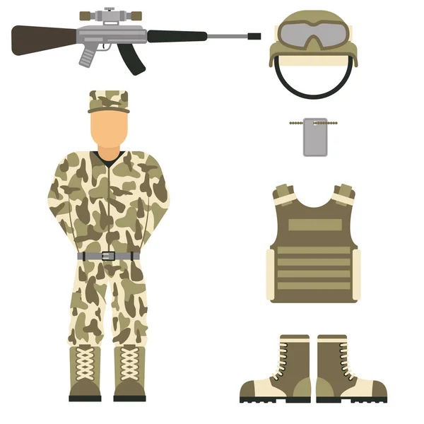 Personaje militar armas símbolos armadura hombre conjunto fuerzas diseño y munición de combate americano marina camuflaje signo vector ilustración . — Archivo Imágenes Vectoriales