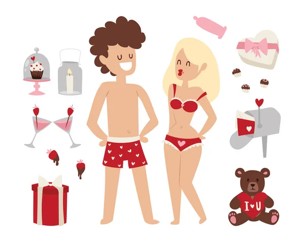 Dibujos animados jóvenes amantes pareja San Valentín signos fecha desnuda hombre y mujer caer en el amor vector ilustración . — Archivo Imágenes Vectoriales