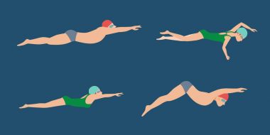 Vektör çizim tarzı düzeni farklı yüzücüler erkek ve kadın Yüzme Havuzu spor egzersiz.