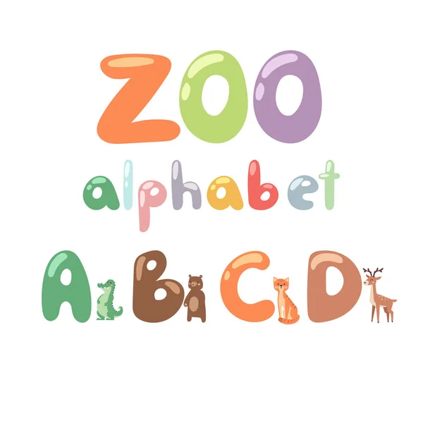 Alphabet zoo mignon avec des animaux de dessin animé lettres isolées et drôles faune apprendre la typographie illustration vectorielle langage mignon . — Image vectorielle