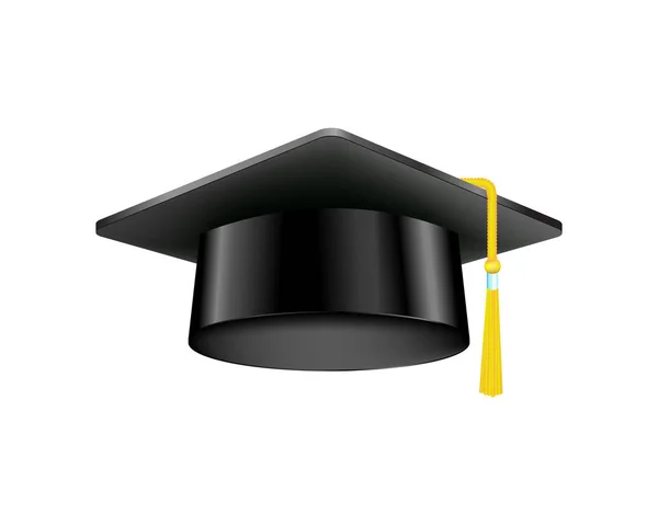 Casquette graduée avec pompon d'or cérémonie d'éducation isolée chapeau noir illustration vectorielle académique . — Image vectorielle