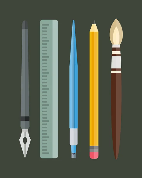 油漆和书写工具集合平面样式色文具设备图纸和教育艺术家卡通素描矢量图. — 图库矢量图片