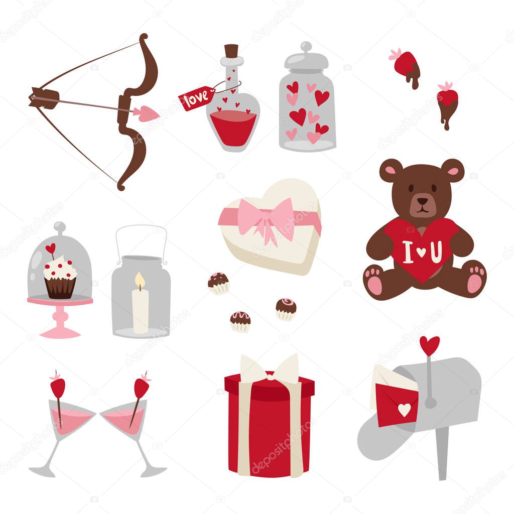 Happy valentine day flat design love wedding items and heart love romance celebration vector illustration.