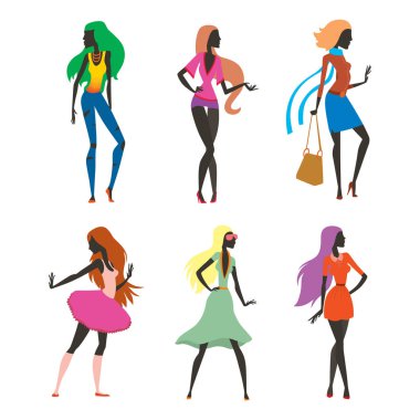 Bak kız moda siluet güzel kadın ve güzel, genç kız, model, Stil, saç, Bayan karakter glamour sevimli vektör çizim.