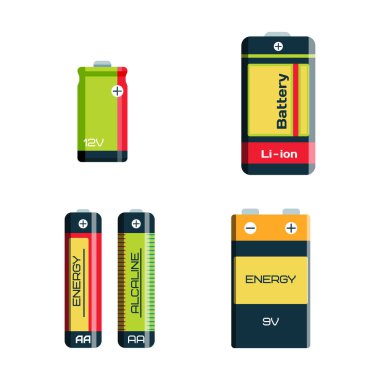 Pil enerji araç elektrik şarj yakıt olumlu arz ve isposable üretimi bileşen alkali sanayi teknoloji vektör çizim.