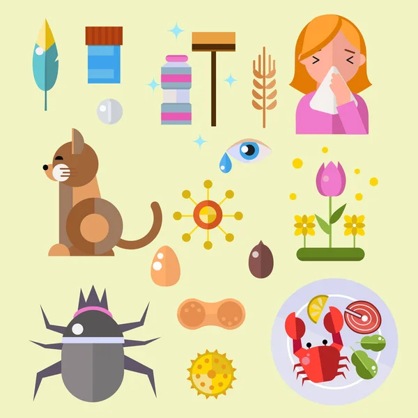 Allergie-Symbole Krankheit Gesundheit Tabletten Viren und Gesundheit Flachetikett Menschen mit Krankheit Allergen Symptome Krankheit Informationsvektor Illustration. — Stockvektor