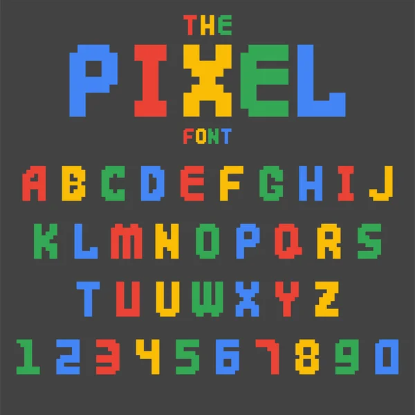 Pikseli retro czcionki wideo na komputerze projektowania gier 8 bit litery numery elektroniczny futurystyczny styl wektor abc kroju pisma cyfrowego creative alfabet na białym tle — Wektor stockowy
