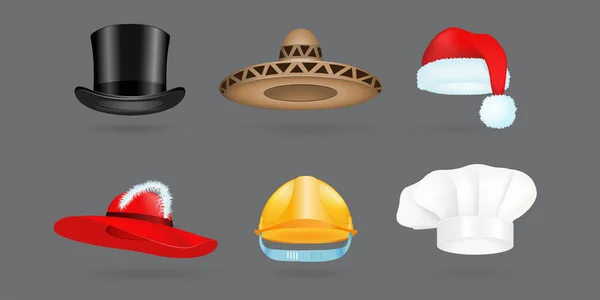 Diferentes tipos de sombrero de moda moderna elegancia gorra y accesorios textiles ropa vector ilustración — Vector de stock