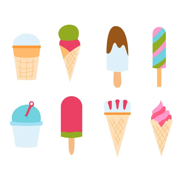 设置冰卡通多彩奶油甜点矢量插画巧克力食品甜冷孤立的图标小吃锥美味水果冷冻糖果集合 — 图库矢量图片
