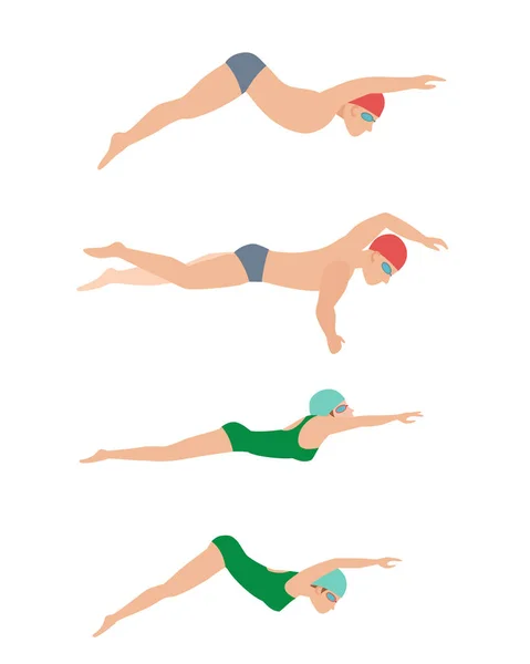 Ilustración vectorial del esquema de estilo de natación diferentes nadadores hombre y mujer en el ejercicio deportivo de la piscina . — Archivo Imágenes Vectoriales