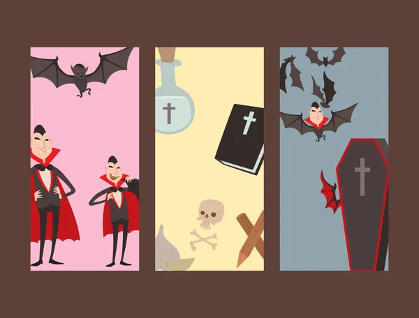 Cartoon dracula vector kaarten symbolen vampier pictogrammen karakter grappig man komische halloween en magic spell hekserij ghost nacht duivel verhaal illustratie. — Stockvector