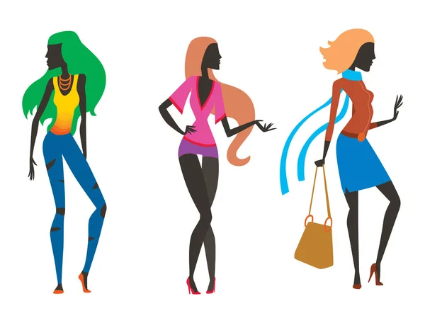 Fashion look meisje silhouet mooi meisje vrouw vrouwelijk en mooi, jong, model, stijl, haar, lady karakter glamour schattig vectorillustratie. — Stockvector