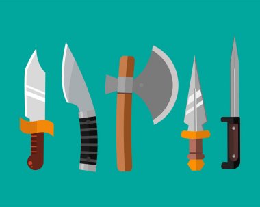 Bıçak silah tehlikeli metalik vektör çizim kılıç mızrak kümesi kenarlı.