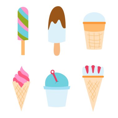 Çikolata gıda tatlı soğuk izole simgesi aperatif koni lezzetli meyve şeker toplama donmuş buz karikatür renkli krem tatlı vektör çizim ayarla