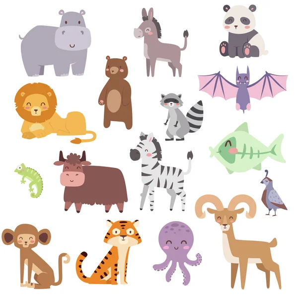 Cute zoo cartoon animals isolated funny wildlife learn cute language and tropical nature safari mammal jungle tall characters vector illustration. — Stock Vector