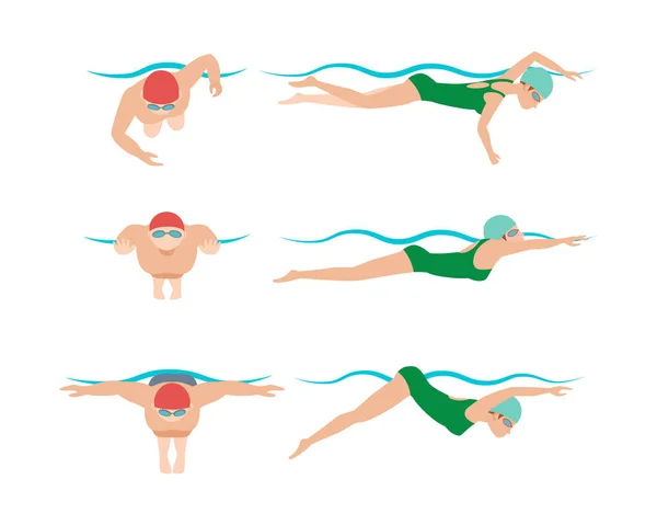 游泳风格计划不同的游泳运动员男人和女人在游泳池运动训练中的矢量图. — 图库矢量图片