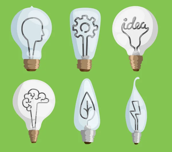 Yaratıcı fikir lambalar düz vektör çizim set karikatür ampul simgesi enerji kavramı hafif parlak ilham çözüm elektrik simgesi güç izole — Stok Vektör