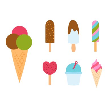 Çikolata gıda tatlı soğuk izole simgesi aperatif koni lezzetli meyve şeker toplama donmuş buz karikatür renkli krem tatlı vektör çizim ayarla