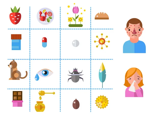 Allergie-Symbole Krankheit Gesundheit Tabletten Viren und Gesundheit Flachetikett Menschen mit Krankheit Allergen Symptome Krankheit Informationsvektor Illustration. — Stockvektor