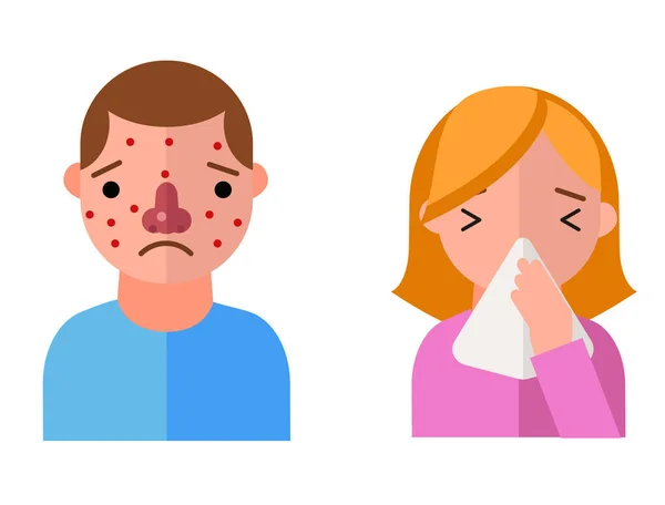 Simboli di allergia malattia caratteri sanitari virus e salute etichetta piatta persone con sintomi di allergene malattia informazioni vettoriale illustrazione . — Vettoriale Stock