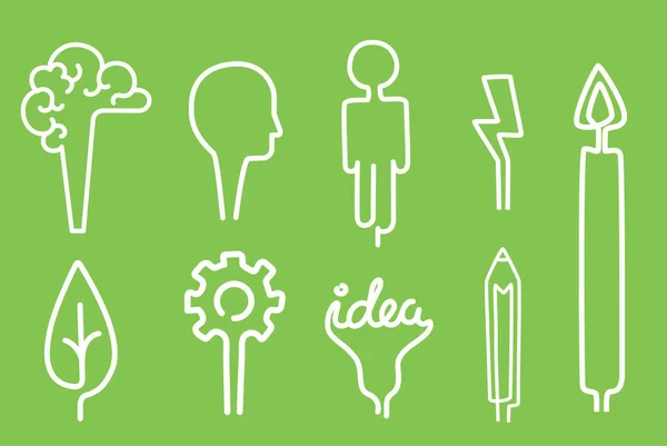 Kreativní nápad, že ikony kreslené plochý brainstorming vektorové ilustrace sada samostatný symbol energetické koncepce inspirace řešení ikonu zelené — Stockový vektor