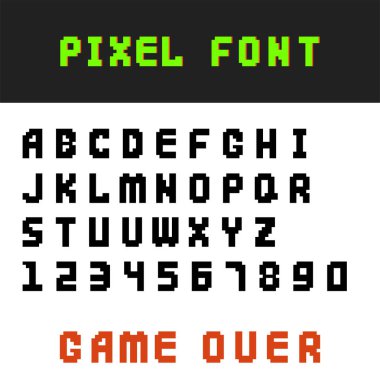 Piksel retro yazı tipi video bilgisayar oyun tasarımı 8 bit harfler numaraları elektronik futuristik stil vektör izole abc yazı tipi dijital yaratıcı alfabesi
