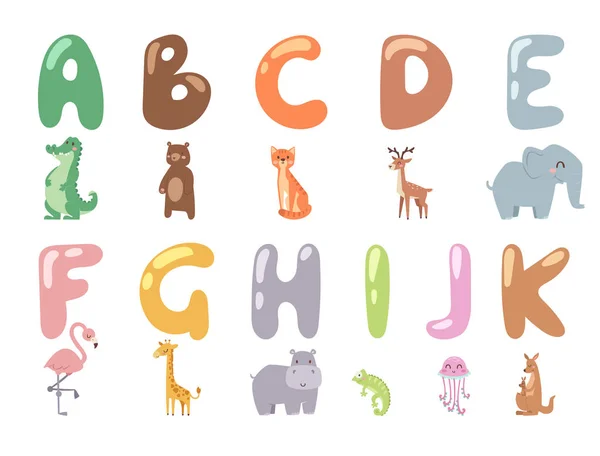 Alphabet zoo mignon avec des animaux de dessin animé isolés sur fond blanc et des lettres drôles faune apprendre la typographie illustration vectorielle langage mignon . — Image vectorielle