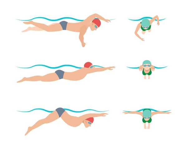 Ilustración vectorial del esquema de estilo de natación diferentes nadadores hombre y mujer en el ejercicio deportivo de la piscina . — Archivo Imágenes Vectoriales
