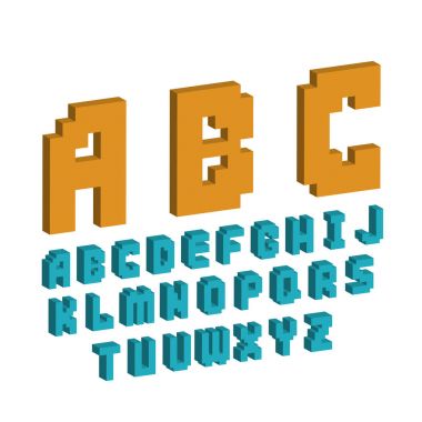 Piksel retro yazı tipi video bilgisayar oyun tasarımı 8 bit harfler elektronik futuristik stil vektör izole abc yazı tipi dijital yaratıcı alfabesi