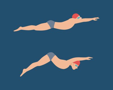 Vektör çizim tarzı düzeni farklı yüzücüler erkek ve kadın Yüzme Havuzu spor egzersiz.