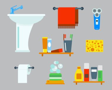 Banyo ekipmanları simgeler düz stil renkli klip sanat illüstrasyon banyo hijyen vektör tasarımı için duş.