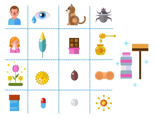 Symboles d'allergie comprimés de soins de santé virus et santé étiquetage plat personnes atteintes de maladie symptômes d'allergènes illustration vectorielle d'information sur la maladie . — Image vectorielle