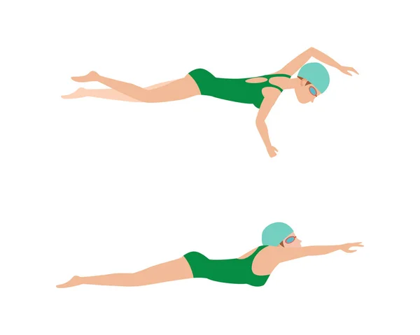 Ilustração vetorial do esquema de estilo de natação diferentes nadadores homem e mulher no exercício esportivo na piscina . — Vetor de Stock