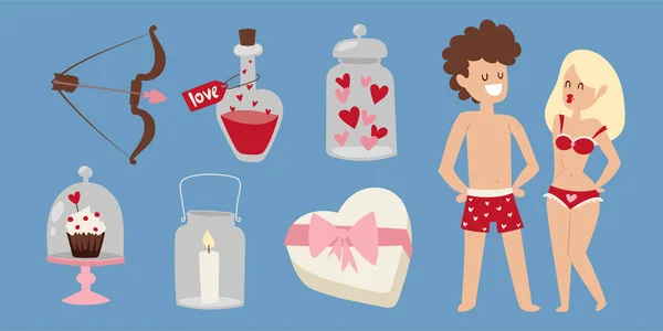 Cartone animato giovani amanti coppia segni giorno San Valentino data nuda uomo e donna si innamorano vettoriale illustrazione . — Vettoriale Stock