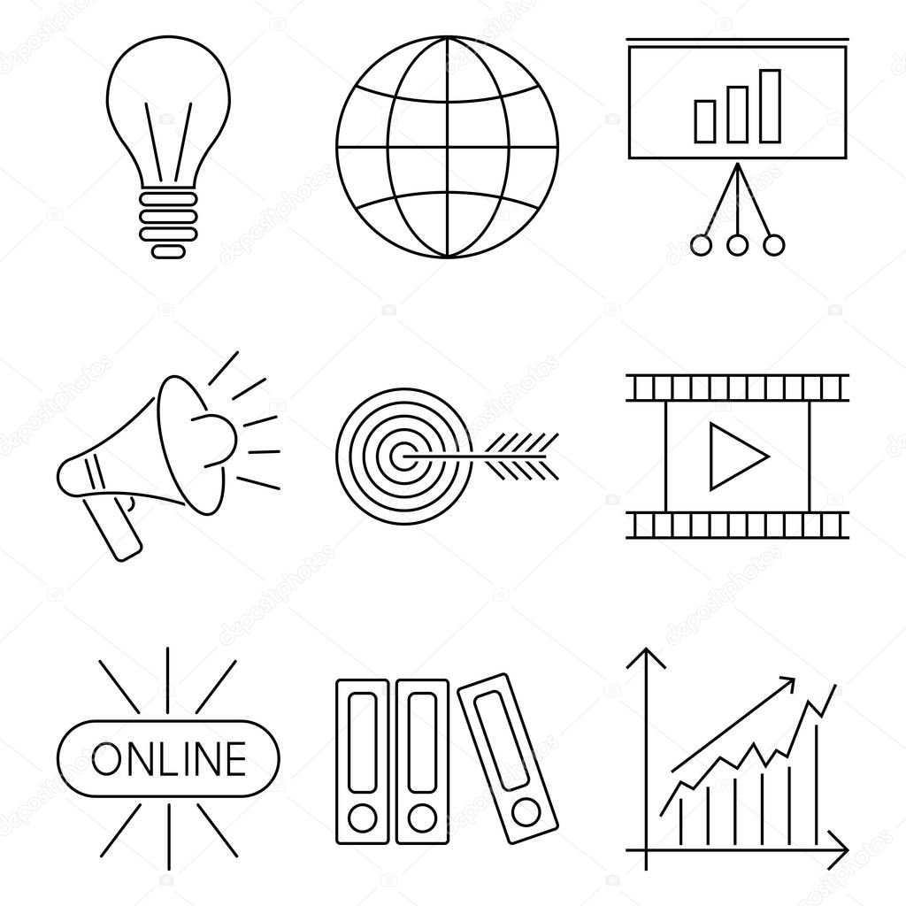Vector illustration business webinar and online education outline internet trainings icons.