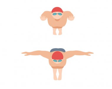 Vektör çizim tarzı düzeni farklı yüzücüler erkek ve kadın Yüzme Havuzu spor egzersiz.